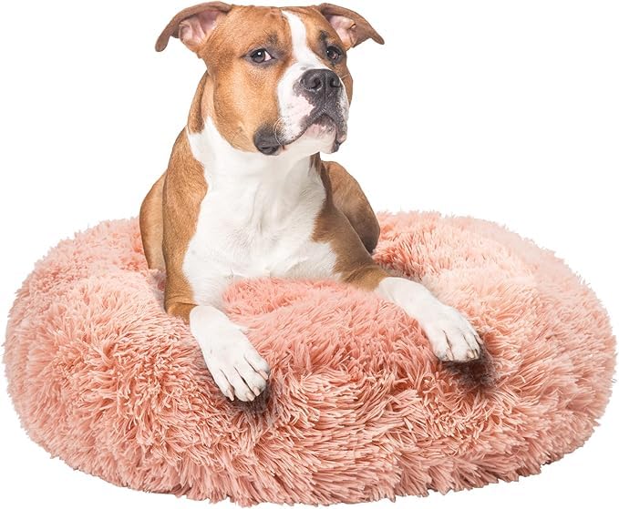 Fur & Bone Round Plush Donut Dog & Cat Bed - Fluffy, Self-Warming, Washable with Non-Slip & Waterproof Bottom - Calming Dog Donut Bed, 60cm, Pink