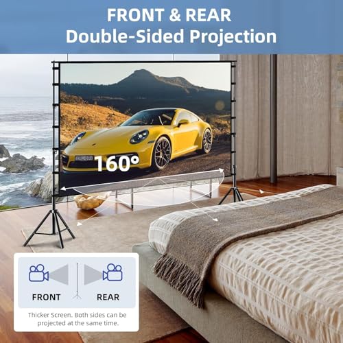 Hcosmy Projector Screen with Stand,100/120/150 inch Outdoor Projector Screen Portable Indoor Projection Screen 16:9 4K Rear Front Movie Screen with Carry Bag for Home Backyard Theater (150 inch)