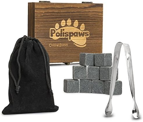 Polispaws Whiskey Stones For Ice Cold Drinks With Zero Dilution – Complete Set Of 9 Reusable Chilling Stones Made Of Pure Soapstone, A Tong And A Velvet Bag – Comes In A Beautiful Wooden Box