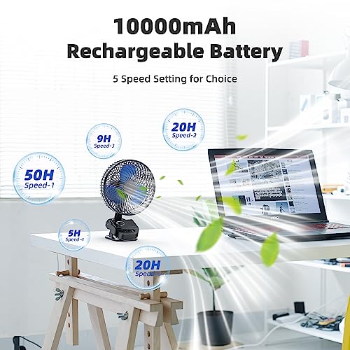 ATEngeus USB Clip Fan, 10000 mAh Rechargeable Battery Fan, 5 Speeds Camping Fan, Multi-Angle Rotation, Timer with Clip and Hook for Baby Stroller, Office
