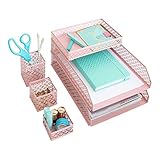 Blu Monaco Office Supplies Pink Desk Accessories for Women-6 Piece Interlocking Desk Organizer Set- Pen Cup, 3 Assorted Accessory Trays, 2 Letter Trays-Pink Room Decor for Women and Teen Girls
