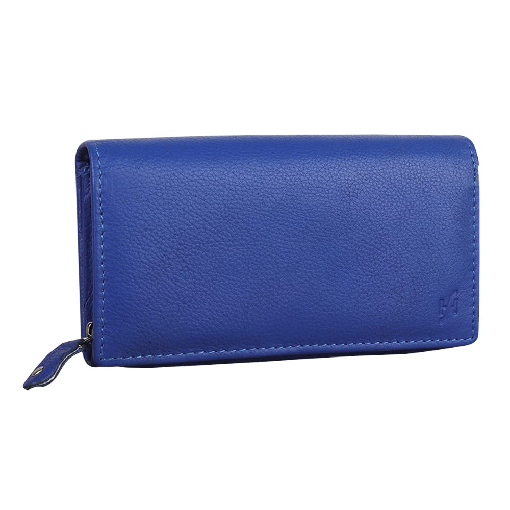 STARHIDE Ladies RFID Long Clutch Wallet Soft Genuine Leather Flap Over Women Purse Credit Cardholder, ID Money & Coin Organizer 5510 (Blue)