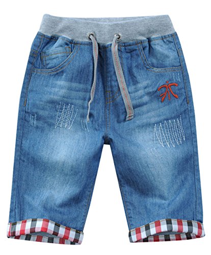 JiaYou Child Boy Mid Waist Elastic Straight Stretch Summer Capris Cropped Denim Jeans(M,6 Years)