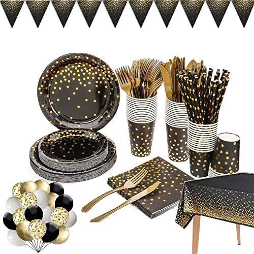142 Pieces Black and Gold Party Supplies Set, Golden Dot Partys Dinnerware, Include Black Paper Plates Napkins Cups, Gold Forks Knives for Graduation, Birthday, Cocktail Party