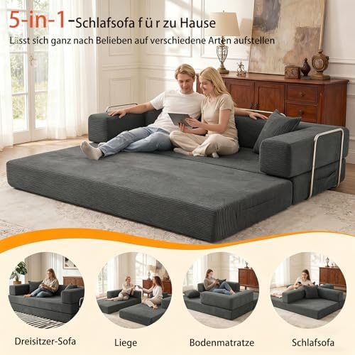 Premium 200 cm rahmenloses Schlafsofa 5-in-1 Couch für das Wohnzimmer, Grau