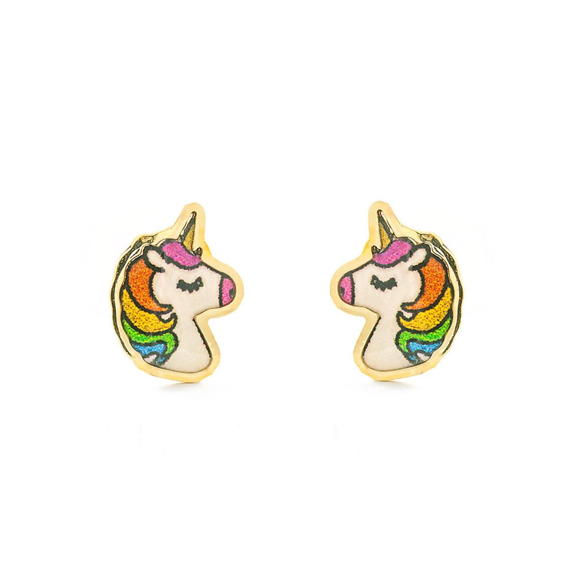 Mondepetit - 9ct Yellow Gold Multicolored enamel Unicorn Children's Girls Earrings shine
