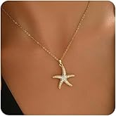 NONAMOIS 18K Gold Plated CZ Starfish Moon Lucky Horseshoe Pendant Necklace for Women Created Round White Opal Choker Necklace Dainty Stainless Steel Jewelry Gifts