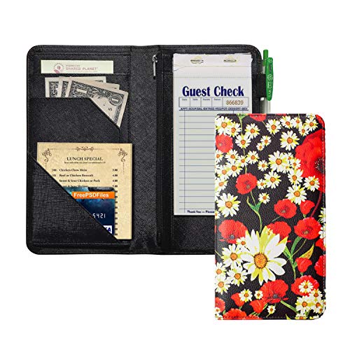 Server Book with Zipper Pocket, 5x9 Waitress Book with Money Pocket, Magnetic Closure Pocket for High Volume, Server Wallet Fit Waitress Apron (Red Flower)