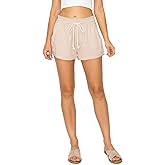 Cali1850 Women's Casual Linen Shorts - Drawstring Smocked Waist Oceanside Lounge Beach Printed Pants with Pockets