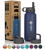 the flow Stainless Steel Water Bottle Double Walled/Vacuum Insulated - BPA/Toxin Free – Wide Mouth with Straw Lid, Carabiner Lid and Flip Lid, 32 oz.(1 Liter) Denim blue