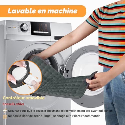 Coussin Chauffant, Coussin Chauffant éLectrique Avec ArrêT Automatique et Coussin Chauffant à 6 Niveaux de TempéRature - Lavable en Machine (Gris Foncé, 30x60 cm)