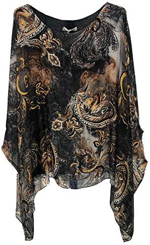 Suit and Suit Ladies Womens Italian Lagenlook Open Neck Paisley Print Silk Flowy Batwing Tunic Top Blouse One Size