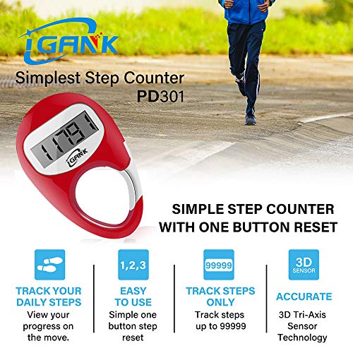 iGANK Simple Walking Pedometer Step Counter for Men Women Kids (Red)