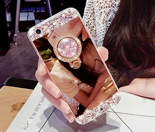 iPhone 6/6S[4.7 Inch] Case,CJW Crystal Rhinestone Mirror Glass Case Bling Diamond Soft Rubber Makeup Case for iPhone 6/6S[4.7 Inch] Case with Detachable 360 Degree Ring Stand--Rose Gold