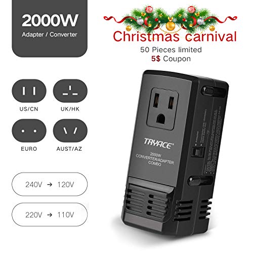 TryAce A8 2000W Travel Voltage Converter(Passed UL Safety Certification) for Hair Dryer, UK/AU/US/EU All in One Plug Wall Chargers for Phone, Camera, Tablet, Laptop, MacBook