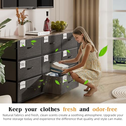 PURFINO Fabric Chest of Drawers - Large TV Stand for 43-65 Inch with 9 Drawers, Label Cards, Side Pocket and Hook, Dresser for Living Room, Hallway, Bedroom