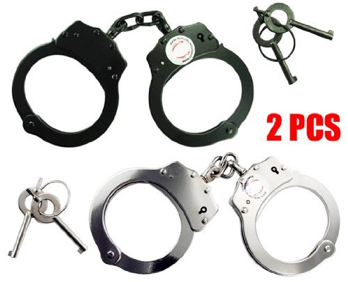 Set of 2pc Double Lock Police Official Nickel Plated Handcuffs Black & Silver