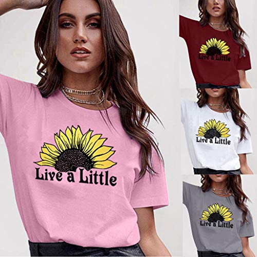 Womens T Shirt Live a Little Letter Print Short Sleeve Blouse Sunflower Funny Graphic Tee Tops Red
