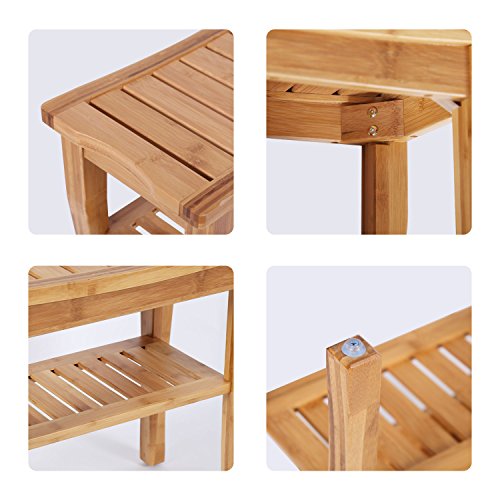Peach Tree Home Bamboo Shower Seat Bench Spa Bath Deluxe Organizer Stool With Storage Shelf For Seating Indoor & Outdoor Bathtub Shower Chair Spa Seat (18.7" x 9.6" x 17.7" Shower Bench)