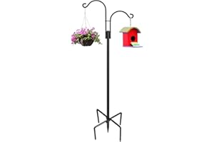 STAUKOK Double Shepherds Hooks for Outdoor 1 Pack 60 Inch New Version New Version Bird Feeder Pole with 5 Prongs Base, Heavy Duty Garden Hook for Hanging Plant, Lantern, Hummingbird Feeder