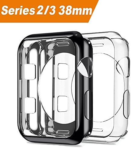 Apple Watch 3 Case, 2 Pcs ARKFU iWatch 38mm Screen Protector Rugged Protective Slim Shock Resistant Soft TPU Case Bumper Cover for iWatch Series 3 Series 2, Black and Clear