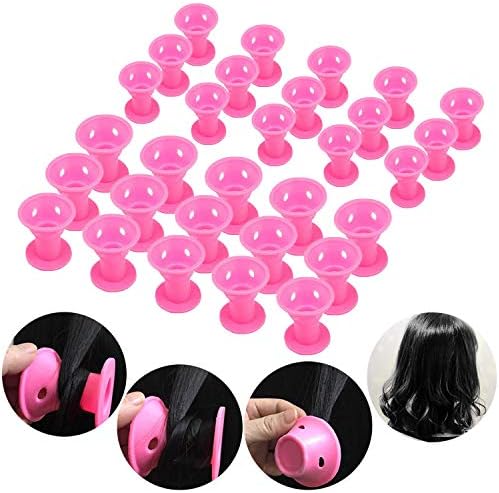 30 Pieces Hair Curlers Roller Set,Bakacase No Heat Silicone Hair Style Rollers Soft DIY Sleep Hair Tool for Girls Women (Pink)