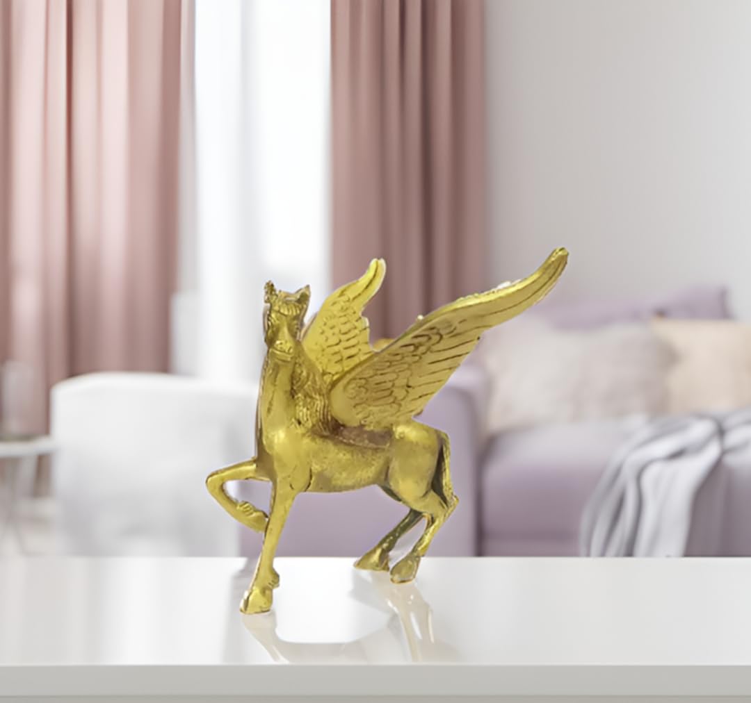 Purpledip Brass Pegasus Statuette: Mythical Two-winged Flying Horse Collectible Art Showpiece (12141)