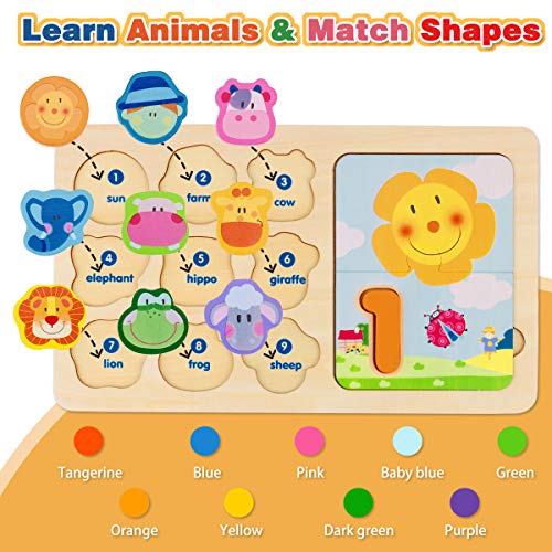 Dreampark Wooden Toys for Kids, Animal Shape Matching Game Number Counting Puzzle Board Educational Montessori Toys for 3 4 5 Years Old, Preschool Learning Color Recognition Blocks for Boys and Girls