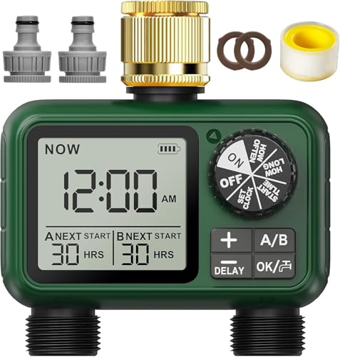 2 Way Water Timer with Brass Inlet, Large LCD Display, Automatic Watering for Garden, Programmable Irrigation, Simple Use, Rain Delay Manual Watering for Lawn