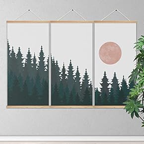 3 Panel Hanging Poster Wooden Framed Sun and Mountain Home Wall Canvas Prints Ready to Hang - 18"x36"x3 Panels