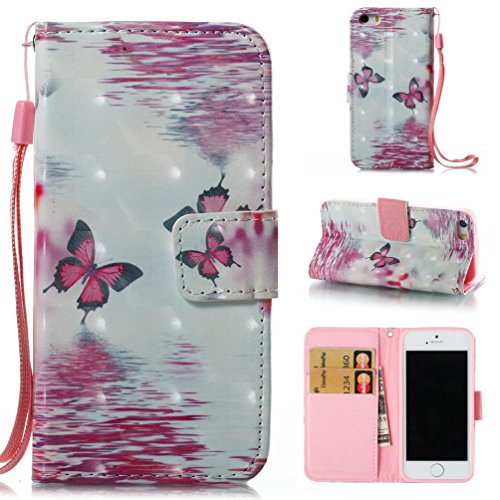 iPhone 5S Case,iPhone SE Case,iPhone 5 Case,Firefish [3D Printing] PU leather [Shock Proof] Case Flip Folio [Kickstand][Card/Cash Slots] Wallet Cover With Wrist Strap for iPhone 5/5s/SE Case-Butterfly