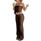 LICOBOD Sexy lounge wear 2 Piece Outfits for Women Crop tube Top High Waist Foldover Flare Pants Sets Beach Vacation Trave