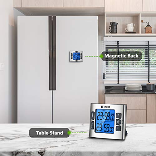 Habor Kitchen Timer for Coooking, Digital Dual Cooking Timer with Calendar Clock, 4-Level Adjustable Alarm Volume, Larger Backlit Display, Stronger Magnets, Count-up & Countdown for Cooking Study Exer