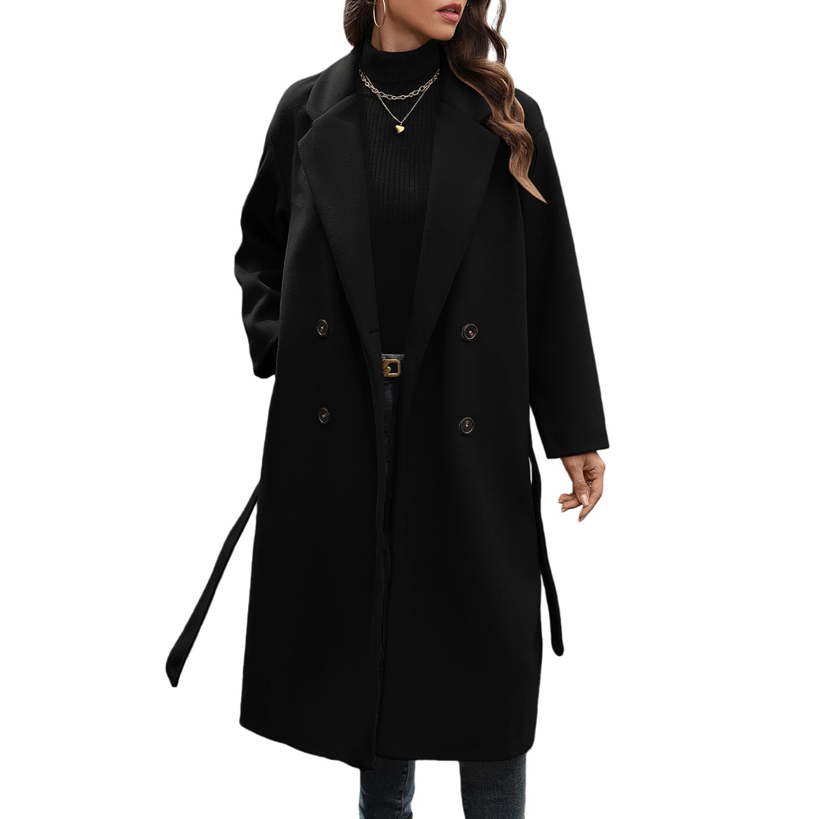 Photo 1 of WOWULOVELY Women's Winter Double Breasted Wool Coat Long Sleeve Notched Collar Trench Long Oversized Button Down Overcoats(Black-M)