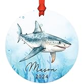 Andaz Press 3.5" Metal Personalized Shark Ornament 2026, Light Blue Shark Design, Custom Shark Ornaments for Christmas Tree, Customized Shark Christmas Ornament for Kids, Shark Lovers, Marine Life