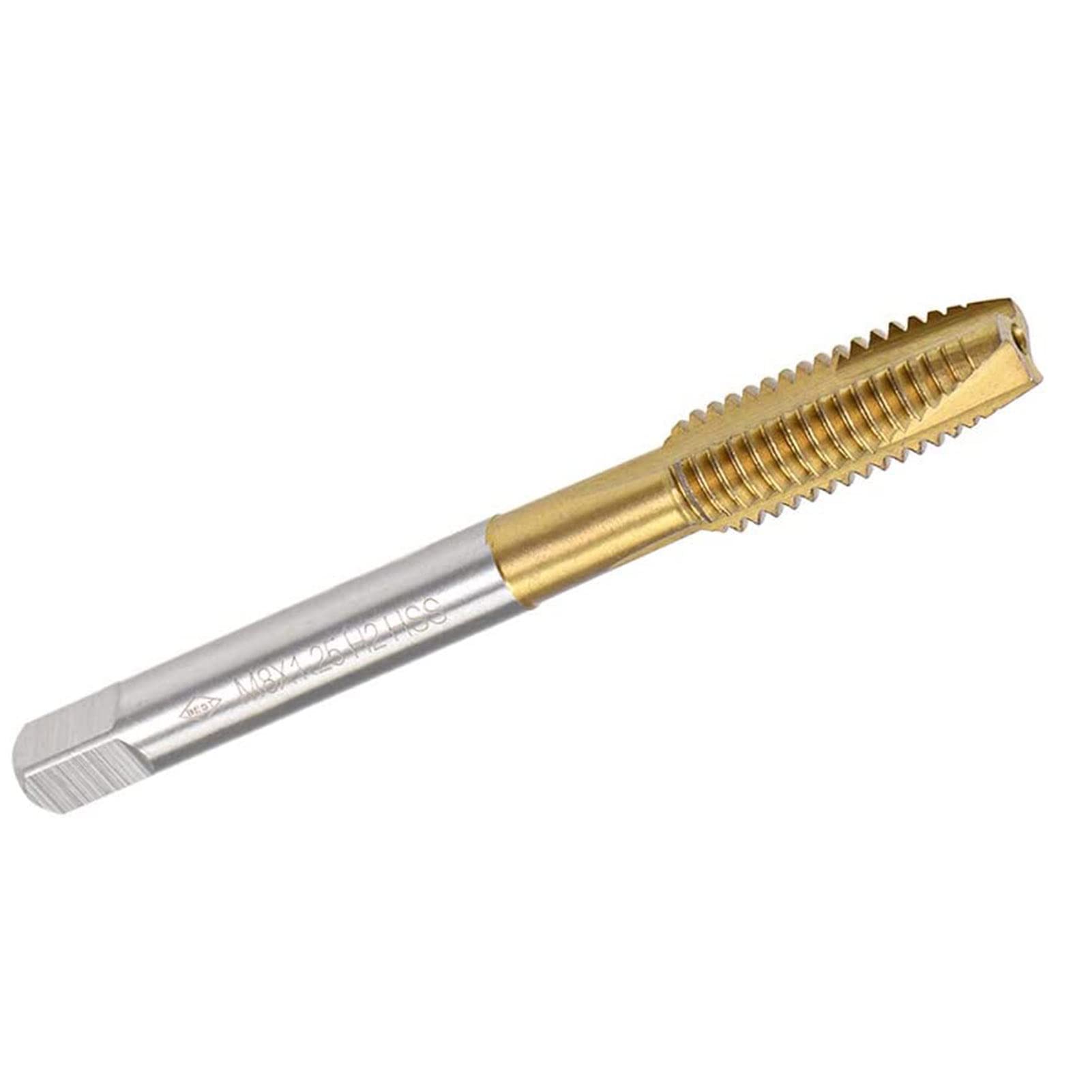 TOP-VIGOR M8 x 1.25mm Spiral Point Plug Thread Tap, Thread Milling Tap with H2 Tolerance 3 Flutes Ground Threads, HSS Titanium Coated (Round Shank with Square End)