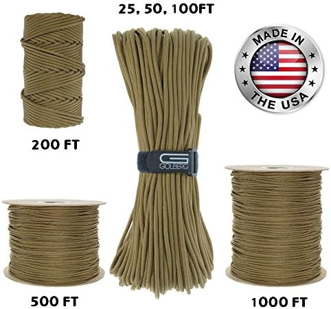 GOLBERG 550lb Parachute Cord Paracord - 100% Nylon USA Made Mil-Spec Type III Paracord - Used by the US Military - Multiple Colors &amp; Lengths Available
