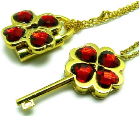 CTMWEB Japanese Anime My Guardian Characters - Shugo Chara! Cosplay Accessory - Golden Necklace with Dark Red Gem Stone Key / Lock Pendant 1st Version