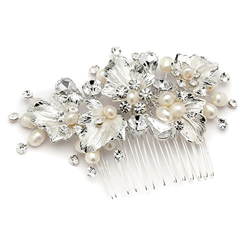 Mariell Couture Bridal Hair Comb with Hand Painted Silver Leaves, Freshwater Pearls and Crystals