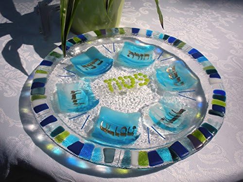 Mosaic glass fused Seder plate Hebrew lettering by YafitGlass
