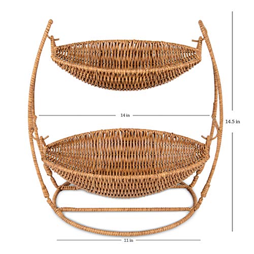 Two Tier Fruit Basket Stand Wicker Fruit Bowl for Kitchen Counter