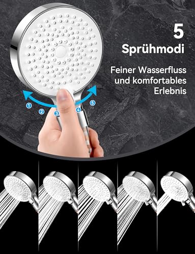 Magichome Shower Head with Filter, 5 Jet Types, High Pressure Hand Shower Filter | Duschkopf Wassersparend mit 3 Schichten Filtration Mineralstein, Duschkopf Filter für hartes Wasser, Entfernt Chlor & Kalk