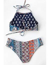 Seaselfie traje de baño con estampado de flores, parte superior estilo halter, con relleno y atada a la espalda, para dama