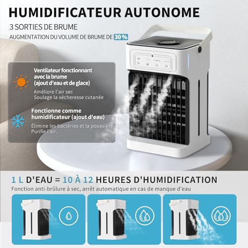 Mobile Air Conditioner with Remote Control, 1100 ml Dual Motor and Fan Air Cooler, Mini Portable Air Conditioning Night Light 7 Colours 2-8H 3 Speed Timer, USB Air Conditioning for Bedroom Kitchen
