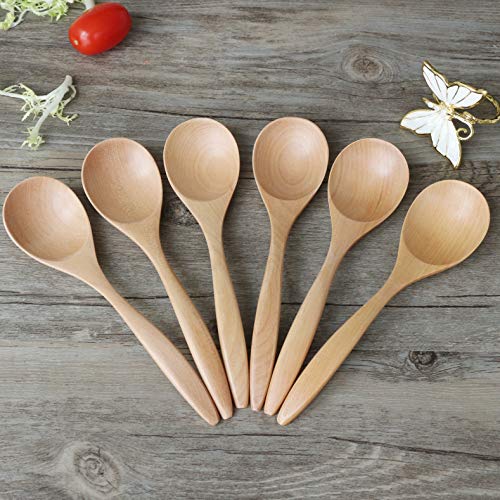 Wood Spoons for Eating, ADLORYEA 6-Piece Wooden Eating Spoon, 7 inch Eco-friendly Handmade Natural Wood Teaspoon for Dinner, Salad Desserts, Chips, Snacks, Cereal, Fruit