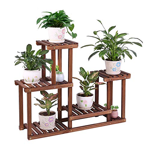 Pine Wood Plant Stand Indoor Outdoor Multi Layer Flower Shelf Rack Higher and Lower Plant Holder in Garden Balcony Patio Living Room (4 Tiers 7 Flowerpots)