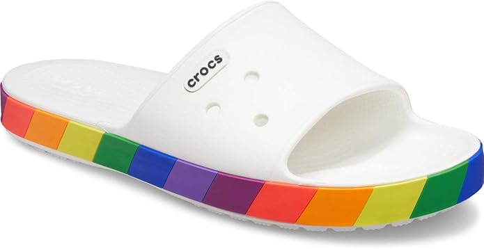 white crocs with rainbow letters