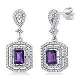 6.68 Ct Emerald Cut Natural Purple Amethyst 925 Sterling Silver Dangle Earrings