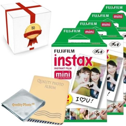 Fujifilm INSTAX Mini Instant Film 8 Pack (80 Films) for All fujifilm Mini Instant Cameras – Photo Album – Microfiber Cloth – ~ Gift Packaging ~