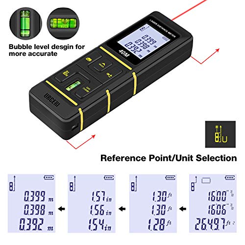URCERI Laser Measure 131Ft Laser Measuring Device with Laser Tape Measure Bubble Levels,Backlit LCD, Pythagorean Mode, Measure Distance, Area and Volume - ±2mm Accuracy, Battery Included